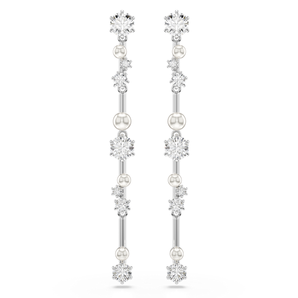 Swarovski Constella Pearl and Round Cut Crystal Drop Earrings Rhodium Plated