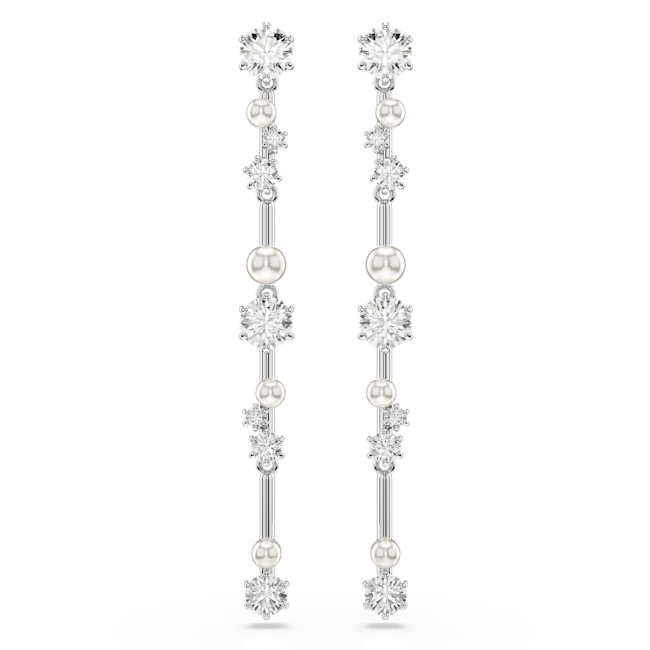 Swarovski Constella Pearl and Round Cut Crystal Drop Earrings Rhodium Plated