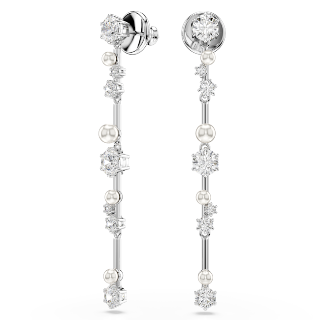 Swarovski Constella Pearl and Round Cut Crystal Drop Earrings Rhodium Plated