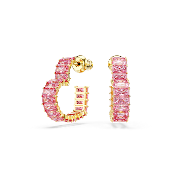 Swarovski Matrix Pink Baguette Cut Small Heart Hoop Earrings Gold Plated