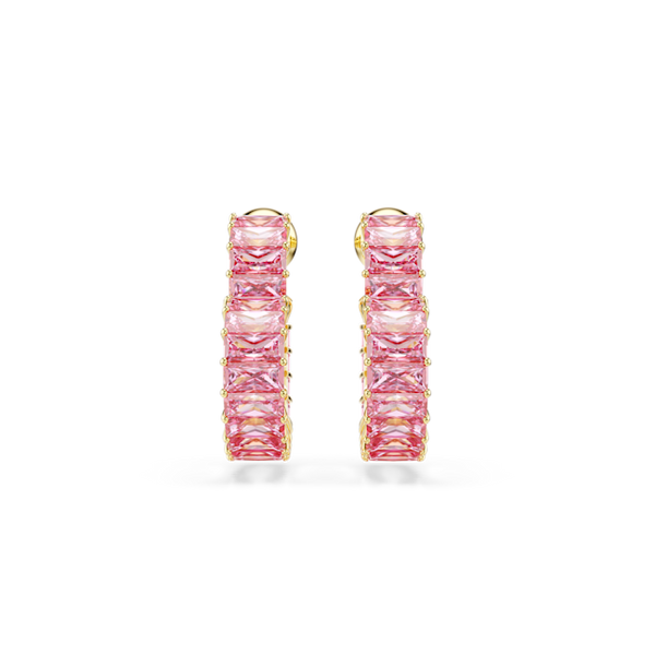 Swarovski Matrix Pink Baguette Cut Small Heart Hoop Earrings Gold Plated