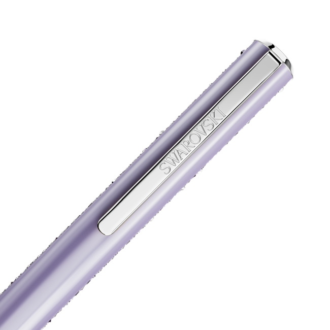 Close-up of the violet Swarovski Crystal Shimmer Glide ballpoint pen, showcasing the engraved SWAROVSKI logo detail.