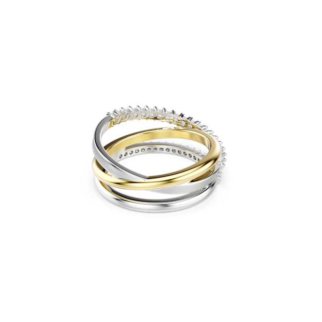 Swarovski Hyperbola ring showcasing a three-band design in mixed metals, featuring mixed-cut crystals and a unique