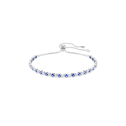 Close-up of the Swarovski Matrix tennis bracelet featuring alternating blue & white stones on a rhodium-plated chain.