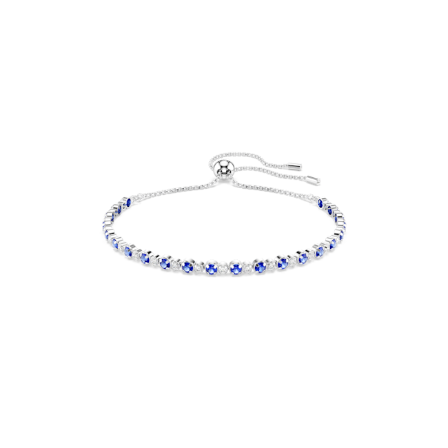 Close-up of the Swarovski Matrix tennis bracelet featuring alternating blue & white stones on a rhodium-plated chain.