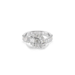 Swarovski Matrix ring showcasing a baguette-cut crystal knot design with a rhodium-plated band. Elegant jewelry detail.
