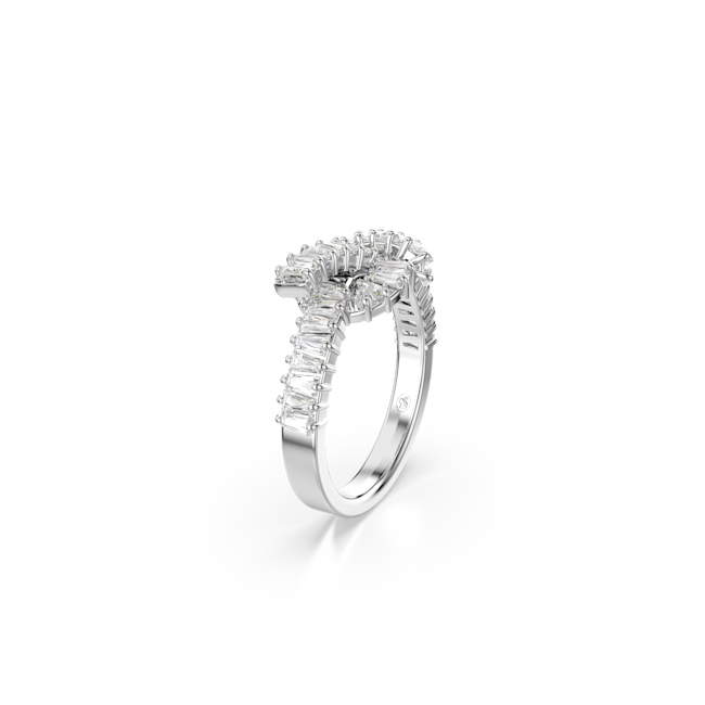 Swarovski Matrix ring featuring a rhodium-plated knot design adorned with baguette-cut white crystals.