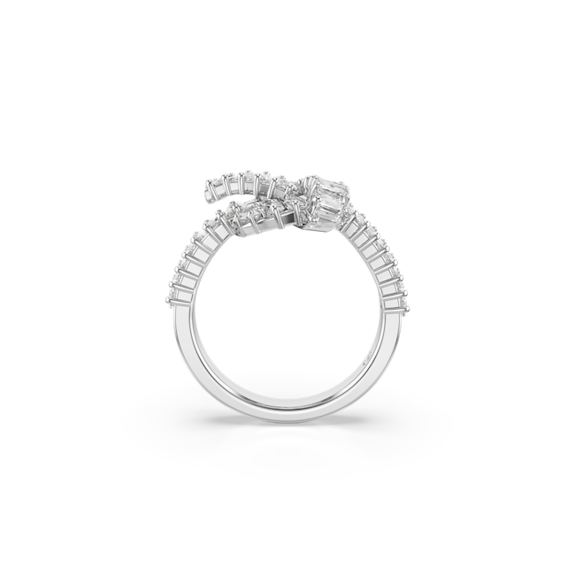 Close-up view of the Swarovski Matrix ring showcasing the baguette cut stones and knot design with rhodium plating.