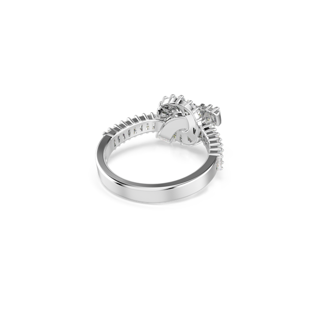 Close-up view of the Swarovski Matrix Ring featuring a knot design with baguette-cut white crystals and rhodium plating.