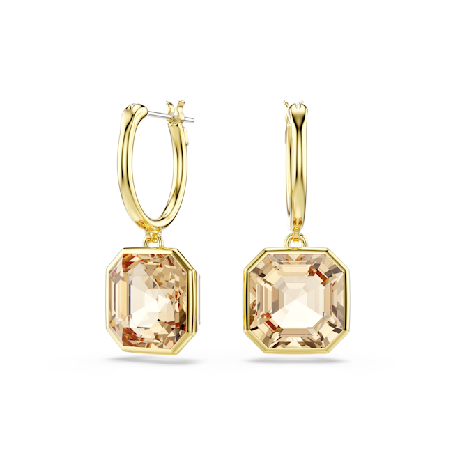Caramel colored, square-cut Swarovski crystal earrings with gold-tone finish, Millenia collection jewelry.