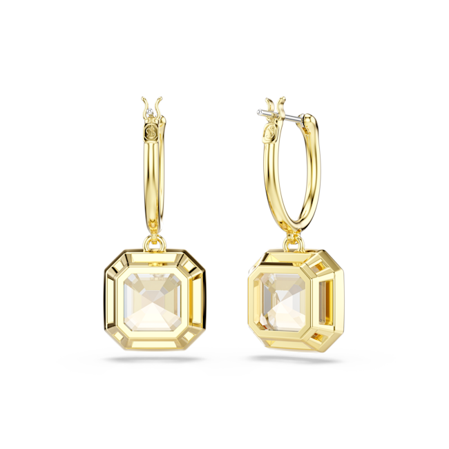 Close-up of Swarovski Millenia drop earrings featuring square-cut caramel-colored crystals and goldtone hoops. Elegant
