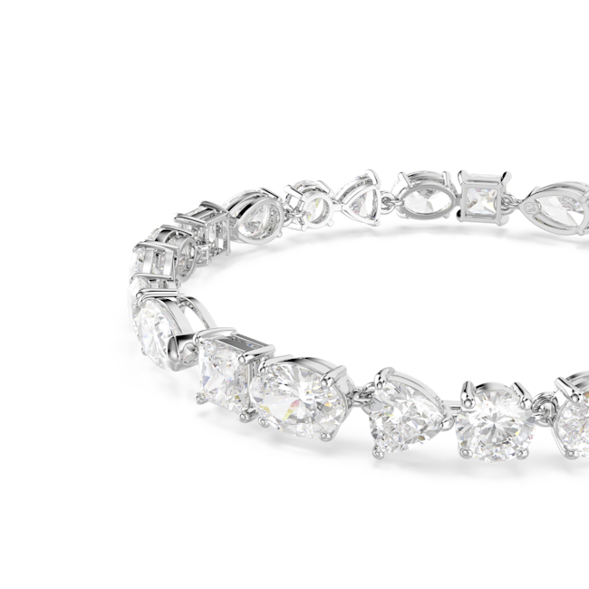 Close-up of the Swarovski Mesmera bracelet featuring mixed cut white crystals in a rhodium-plated setting.