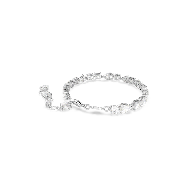 Close-up of the Swarovski Mesmera bracelet featuring mixed-cut white crystals and rhodium plating, highlighting its elegant