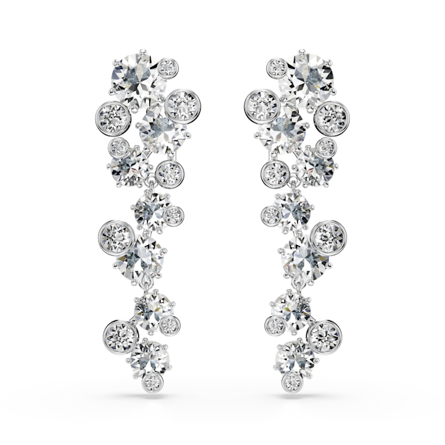 Elegant rhodium plated drop earrings with sparkling white Swarovski crystal accents. Stylish jewelry for a special occasion.