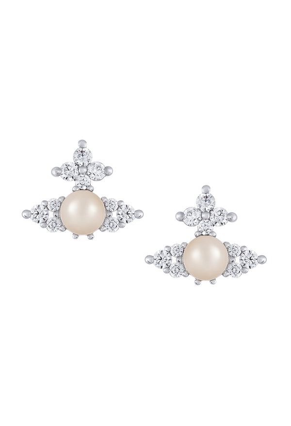 The Vivienne Westwood Feodora Pearl Earrings, white pearl platinum-plated earrings from Vivienne Westwood, at OD’s Jewellers in St Helens