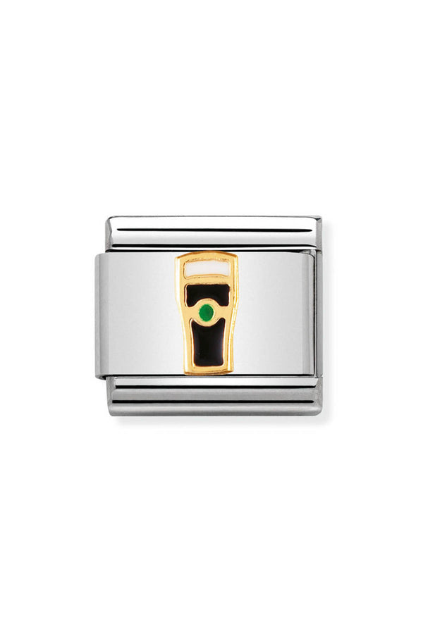 Silver charm with a gold outline of a pint of beer, white head, and green accent.