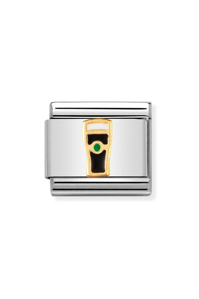 Silver charm with a gold outline of a pint of beer, white head, and green accent.