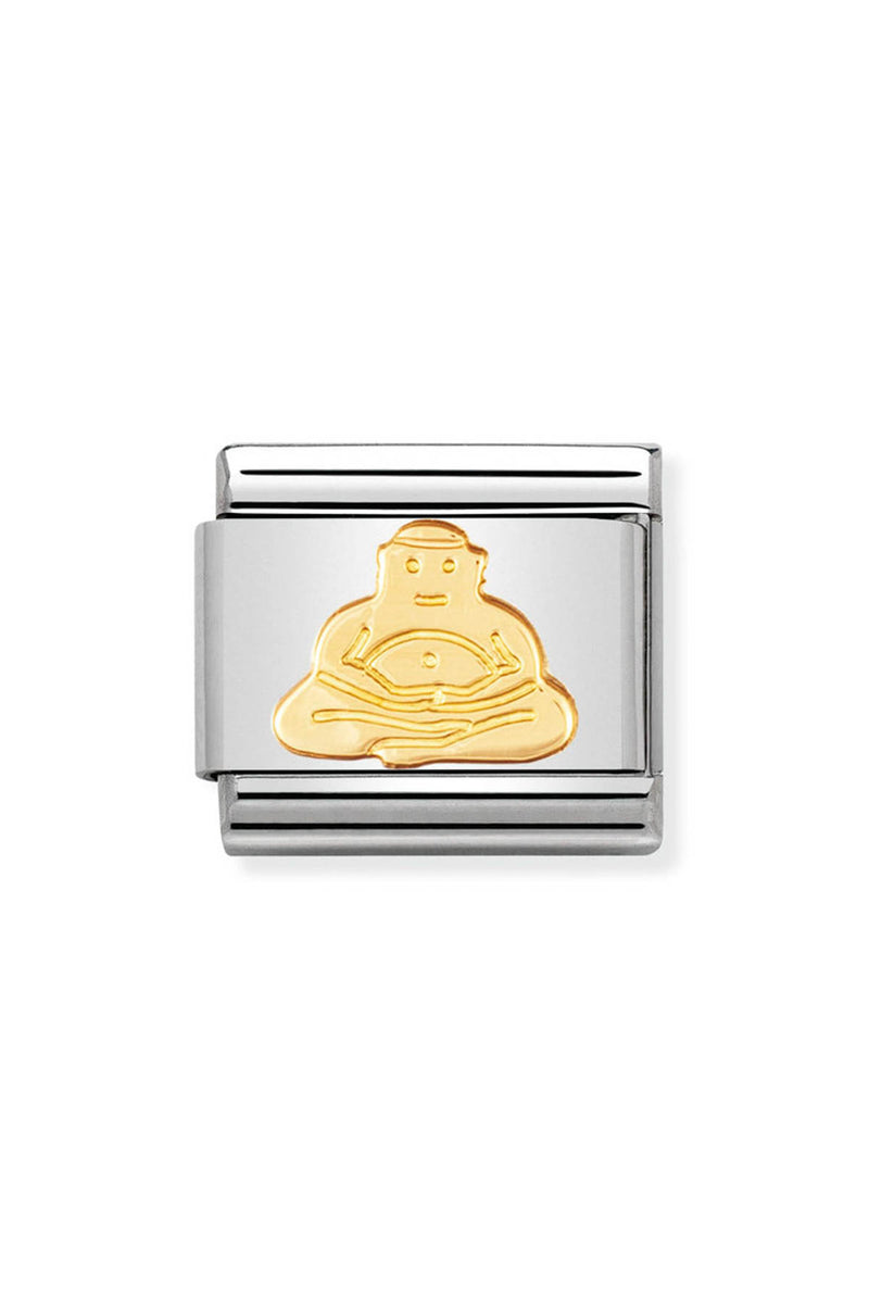 A charm bracelet link with a gold Buddha figure on a silver base.