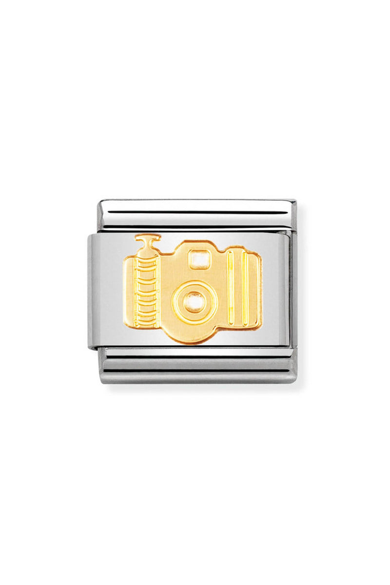 Camera charm on a silver bracelet link.