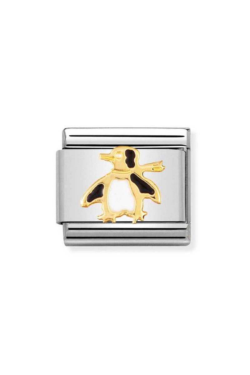 Silver and gold charm with a penguin design.