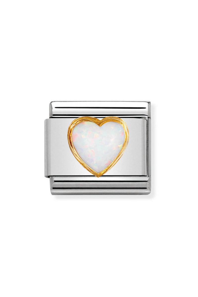 Silver and gold charm with a white heart-shaped stone.
