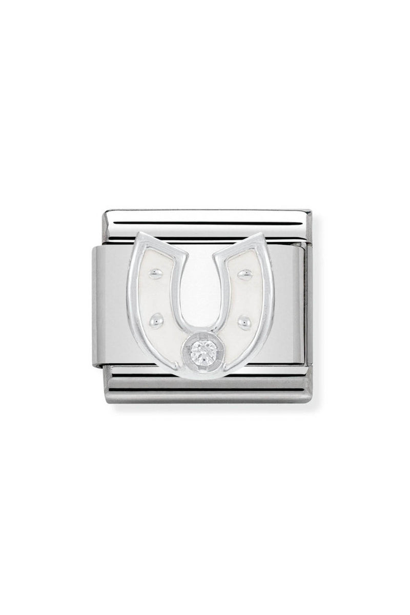 Silver charm with a horseshoe and a diamond.
