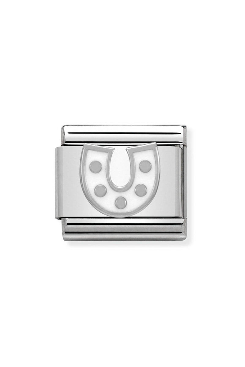 Silver charm with a horseshoe design.