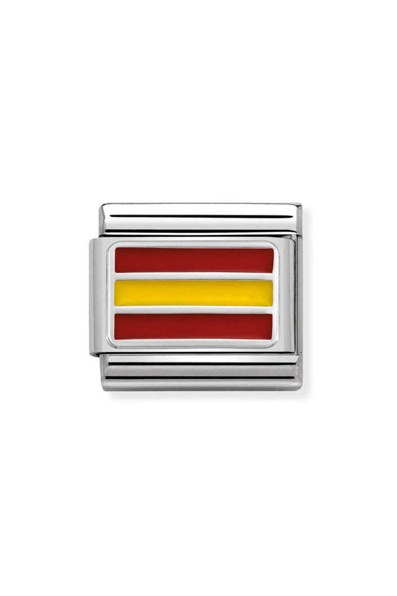 Metal charm with red and yellow stripes.
