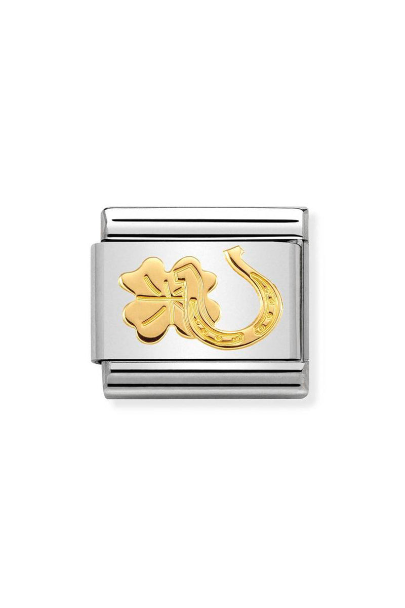 Silver charm with a gold four-leaf clover and horseshoe.