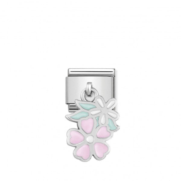 Nomination Composable Classic Link CHARMS PINK AND WHITE FLOWER DROP in Steel, 925 Silver and Enamel *