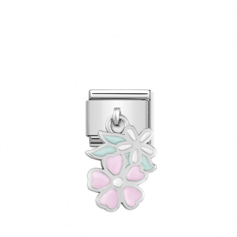 Nomination Composable Classic Link CHARMS PINK AND WHITE FLOWER DROP in Steel, 925 Silver and Enamel *