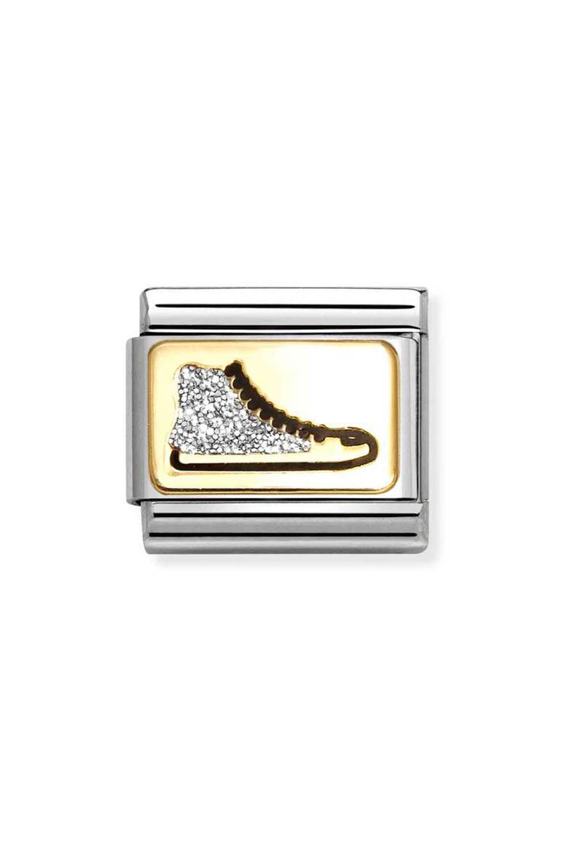 Metal charm with gold rectangle, featuring a sparkling ice skate.
