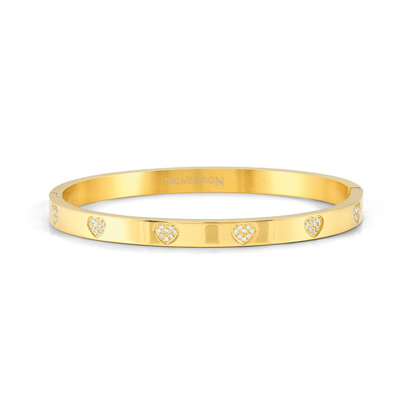 Nomination Pretty Bangle: gold-plated bracelet featuring sparkling CZ pave hearts. Elegant jewelry.