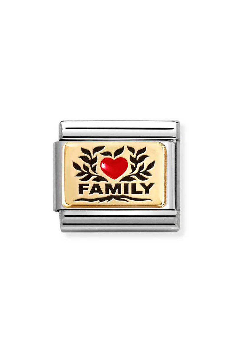 A stainless-steel charm with a gold-toned face features the word "FAMILY" in bold lettering with a red heart, framed by black leaves.