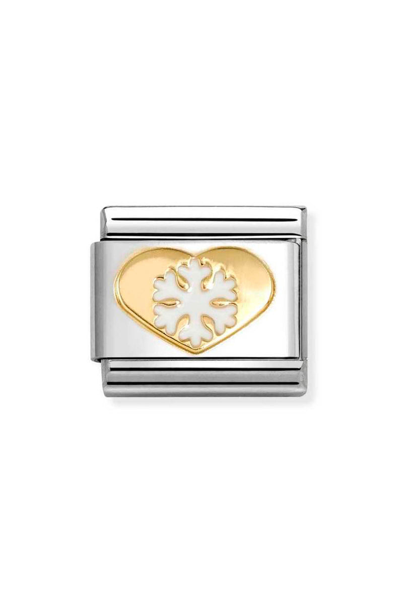 Silver link charm with gold heart and white snowflake.