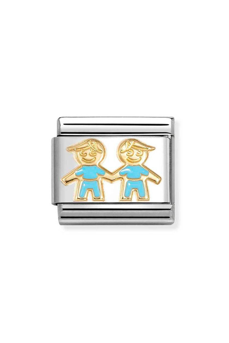 Silver charm with two gold and blue boy figures.