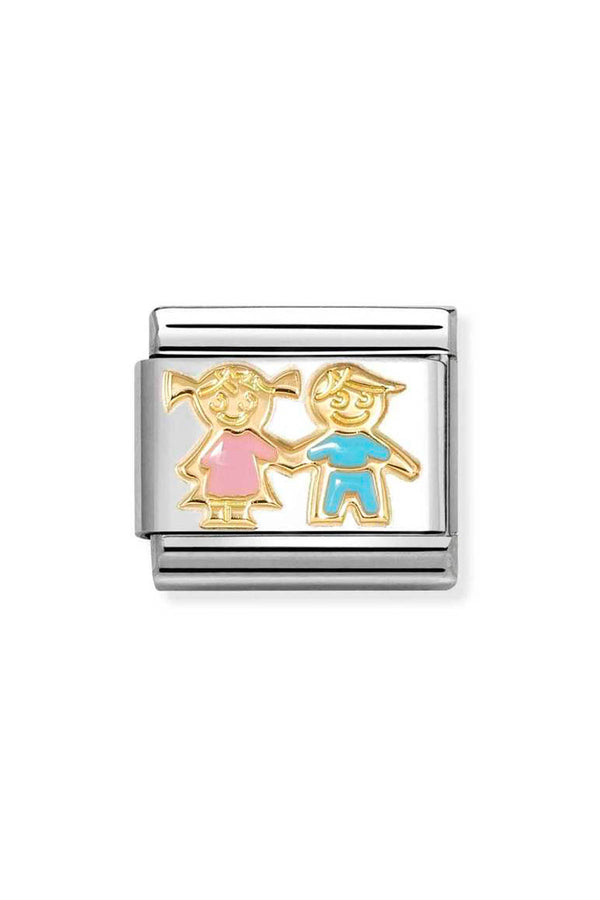 Silver charm with a gold design of a boy and a girl holding hands. The girl is wearing a pink dress and the boy is wearing a blue shirt and pants.