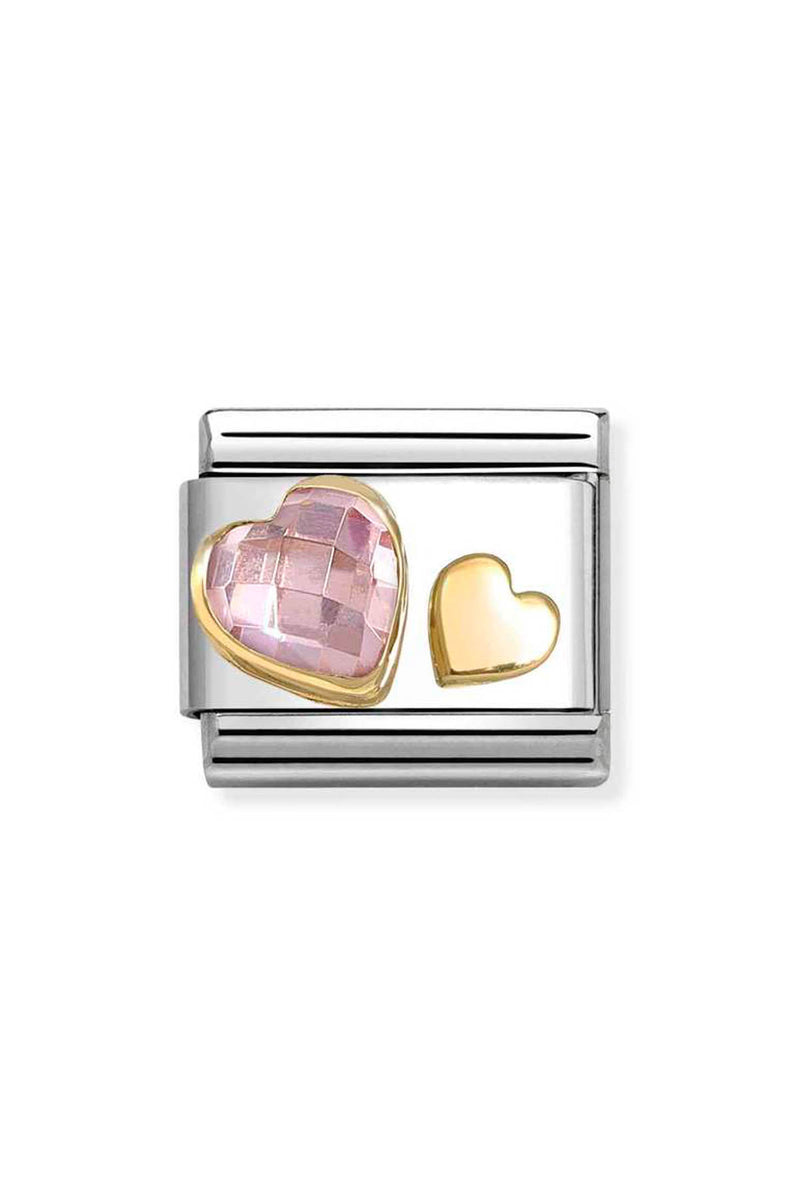 Silver charm with two hearts; a larger pink faceted heart and a smaller gold heart.