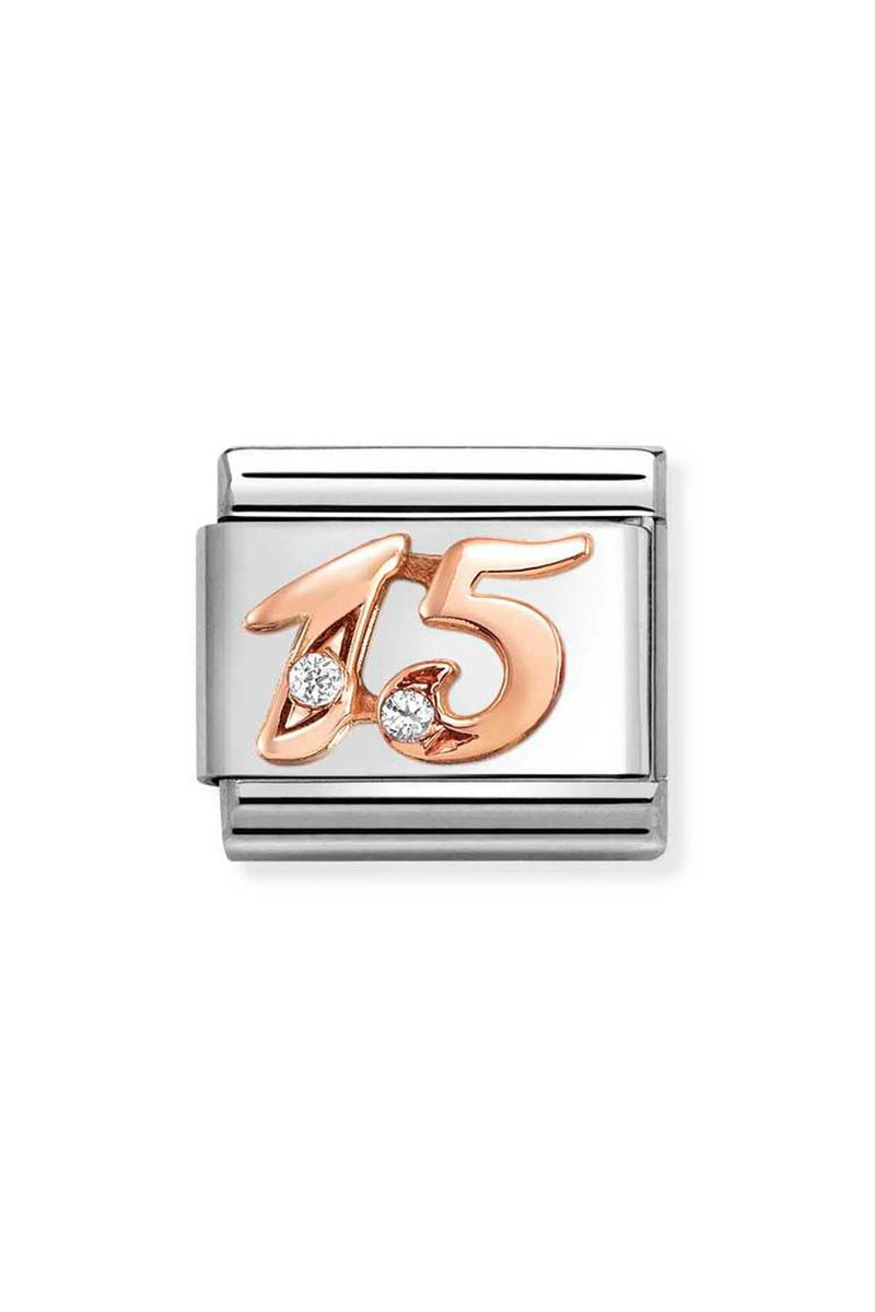 Silver Nomination charm with a rose gold number 15 and two diamonds.