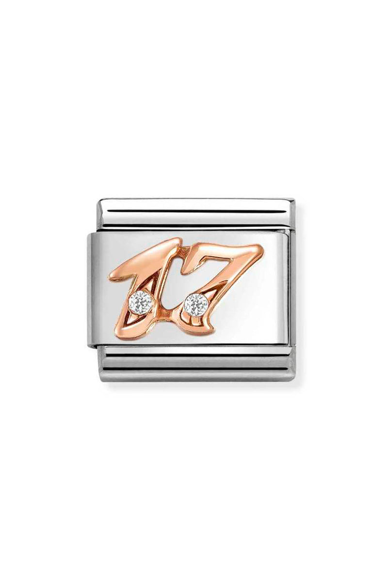 Square silver charm with a copper-colored "17" design and two small diamond accents.