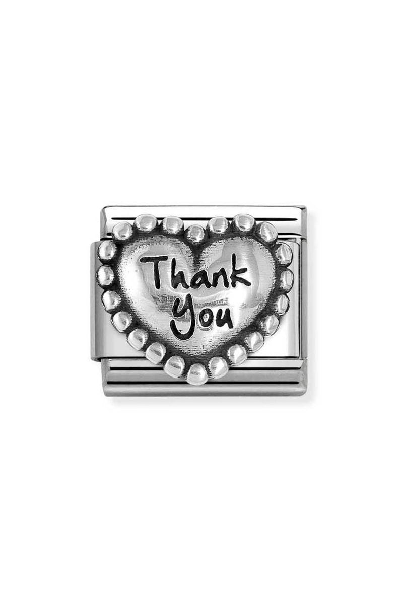 Silver charm with a heart and the words "Thank You".
