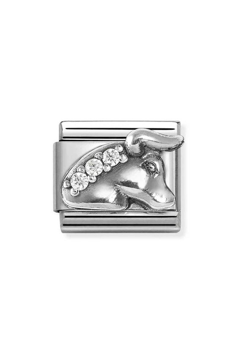 Silver charm with a bull and three diamonds.
