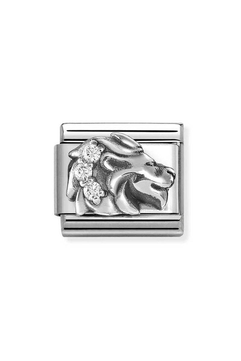 Silver charm with a lion's head design featuring three embedded stones.
