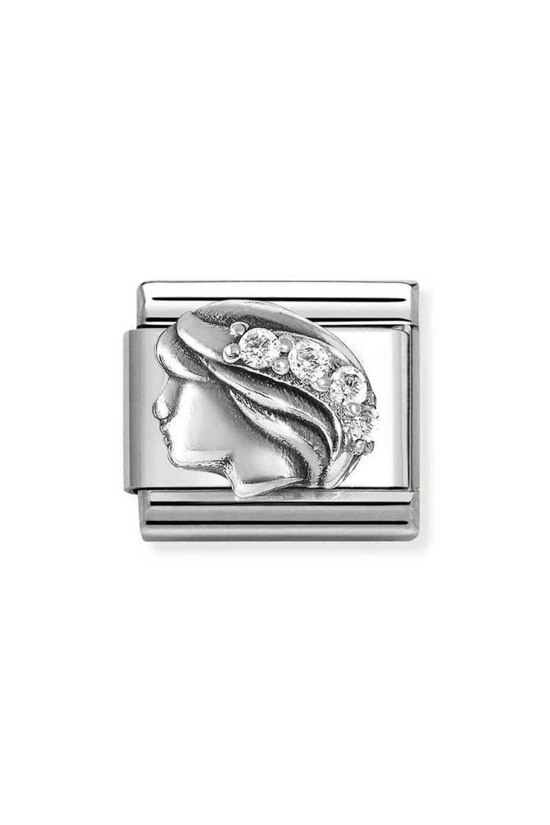Silver charm with a woman's profile adorned with diamonds.