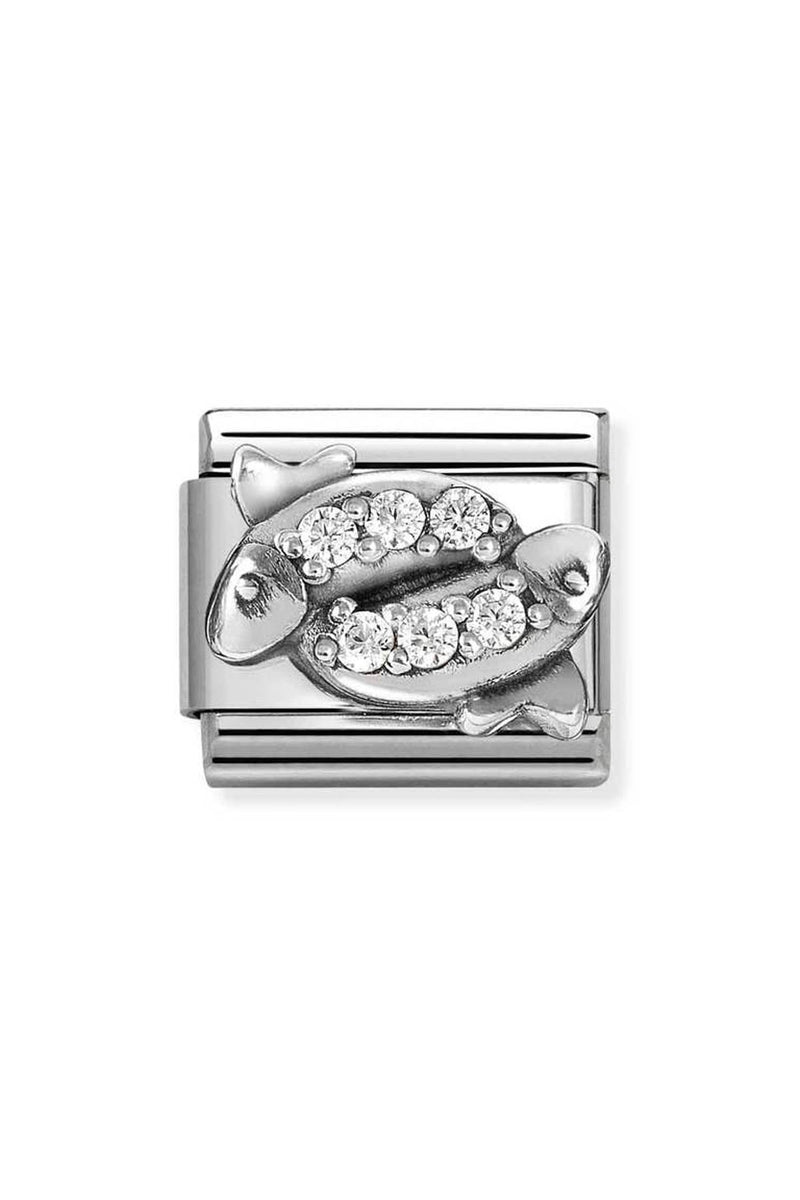 Silver charm with two fish adorned with white gemstones.