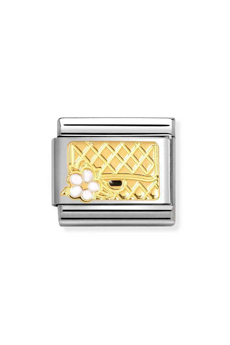 Charm featuring a gold purse with a white flower, set in a silver square.