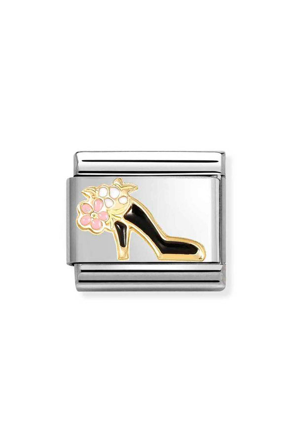 Nomination Composable Classic Symbols Black Shoe With Flowers in Steel, Enamel and 18k Gold