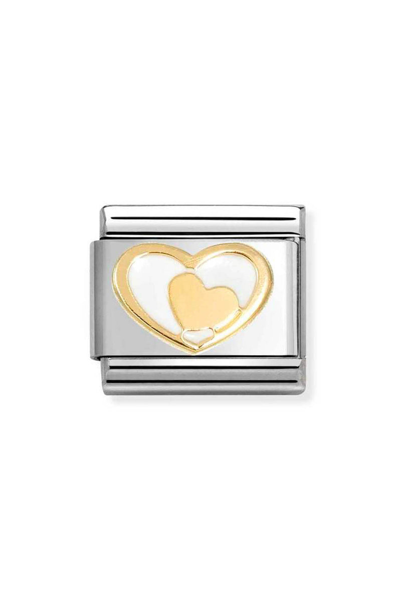 Square metal charm with a gold heart and a smaller white heart.
