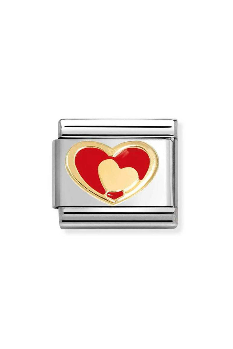 Silver charm with red and gold heart design.