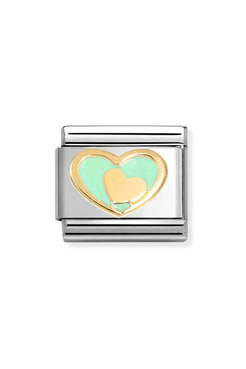 Silver Nomination bracelet charm with a gold-edged, light green heart and a small gold heart inside.